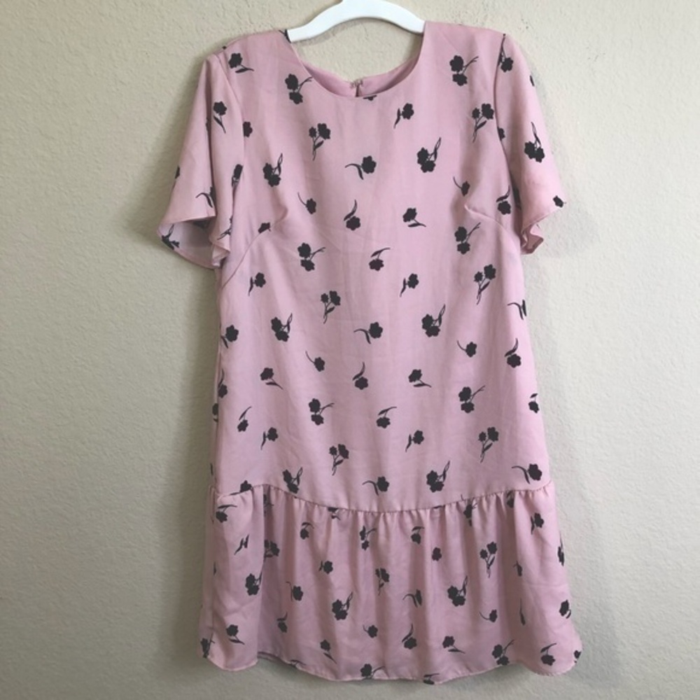 Ann Taylor Petite Dress Pink Black Floral Babydoll Ruffle Classic Preppy Party